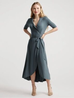 Quince Tencel Jersey Midi Wrap Dress Dark Olive Size Large NWT